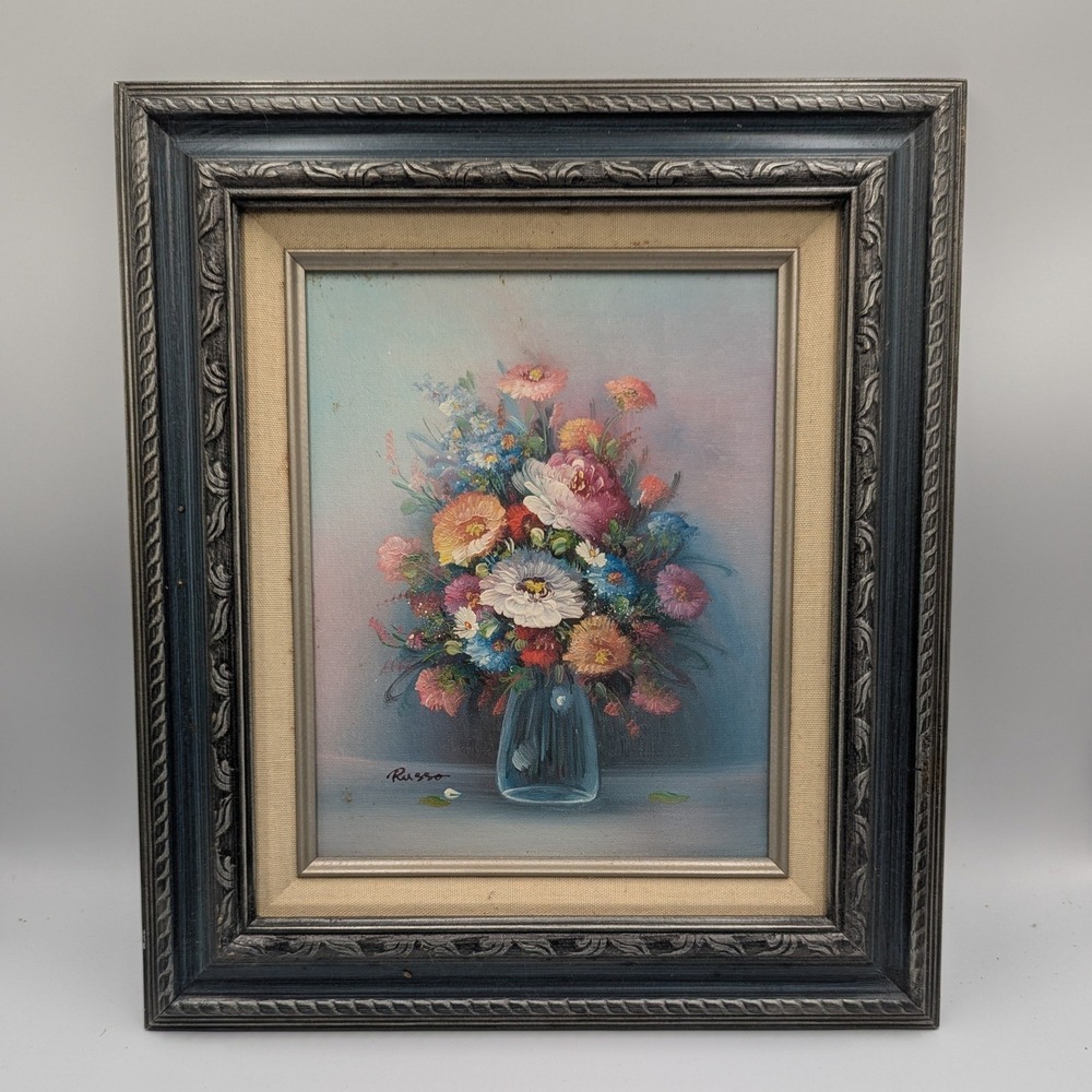 Signed Russo Floral Still Life Oil Painting Multicolor Framed Canvas 15x13